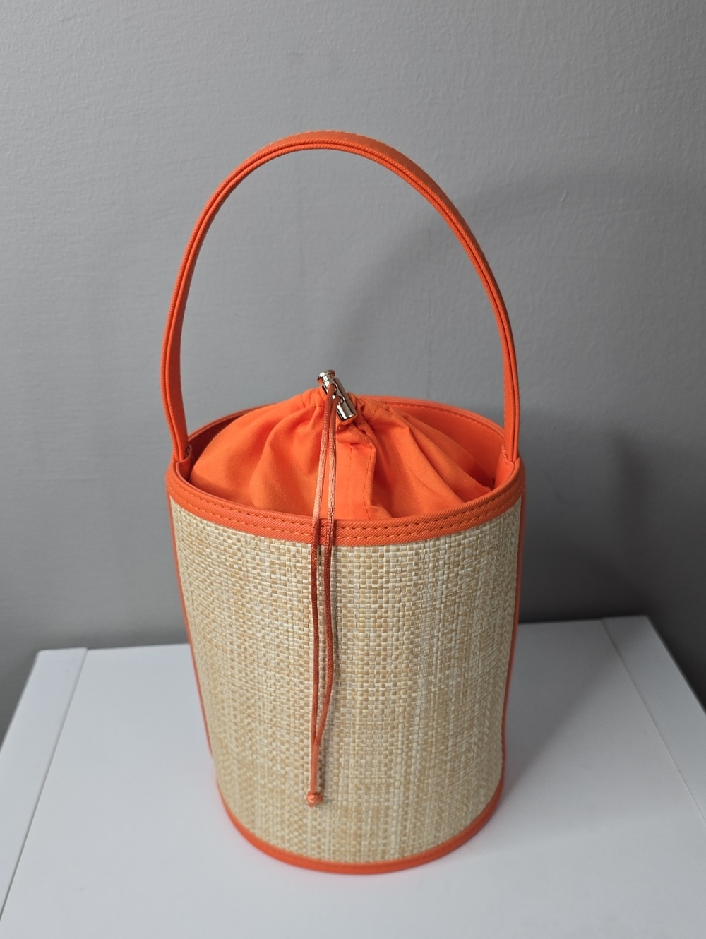 Neiman Marcus Orange Straw-Trim Bucket Mini Bag